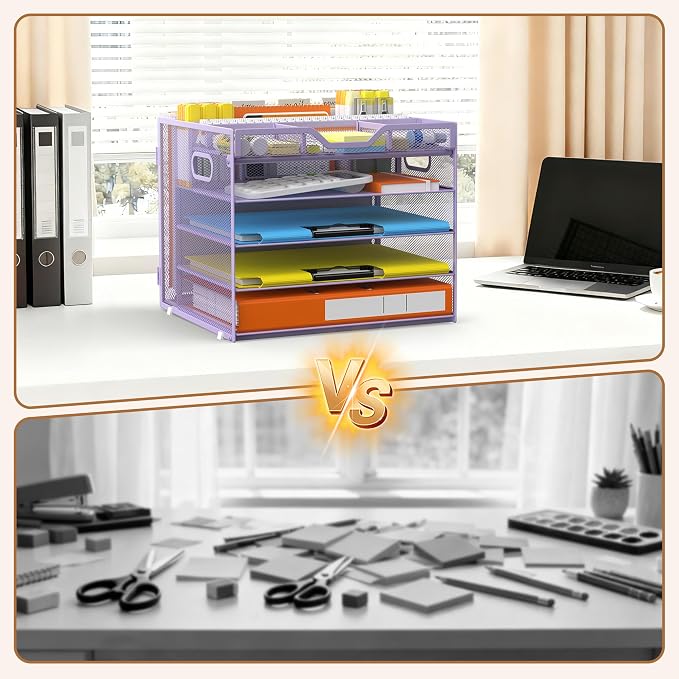 Docnest 5 Tier Desk Organizer with Hanging File Folder Holder&Tray, Purple | Features 3 detachable pen holders and 4 removable dividers.Versatile mesh desktop storage for mail, document,office supplie