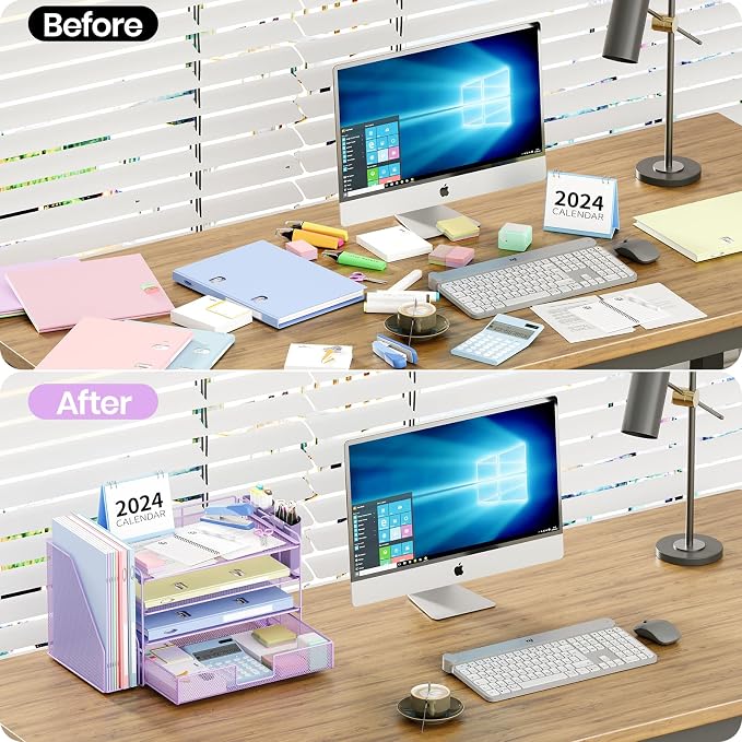 OPNICE Desk Organizer, 4-Tier Desktop File Organizer with Drawer and Pen Holders, Office Desk Accessories, File Sorters, Workspace Organizers for Office Supplies(Purple)