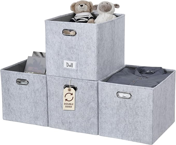 DECOMOMO Felt Storage Bins, 13x15x13 Storage Cube Bins with Labels | 4 Pack Storage Baskets for Shelves, Kallax (Light Grey)