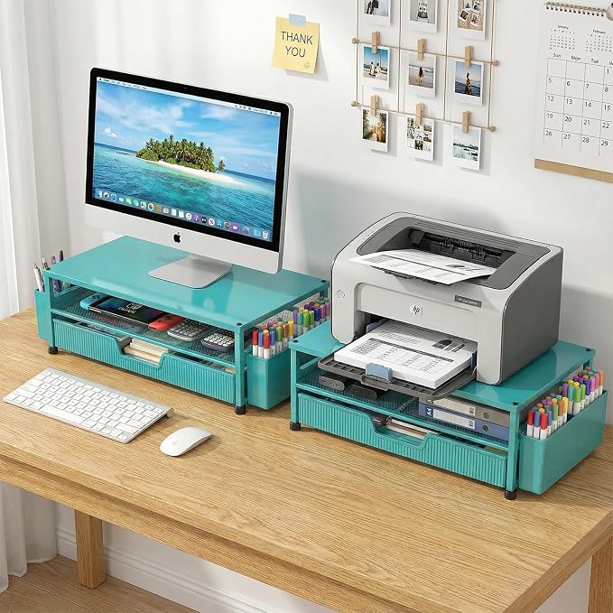 ECOLOVI Desk Organizer and Accessories, 2-Tier Computer Monitor Stand Rise with Storage Drawer & 2 Pen Holders, Laptop & Printer Stand for Desktop, Workspace Organizers for Office Supplies (Blue)