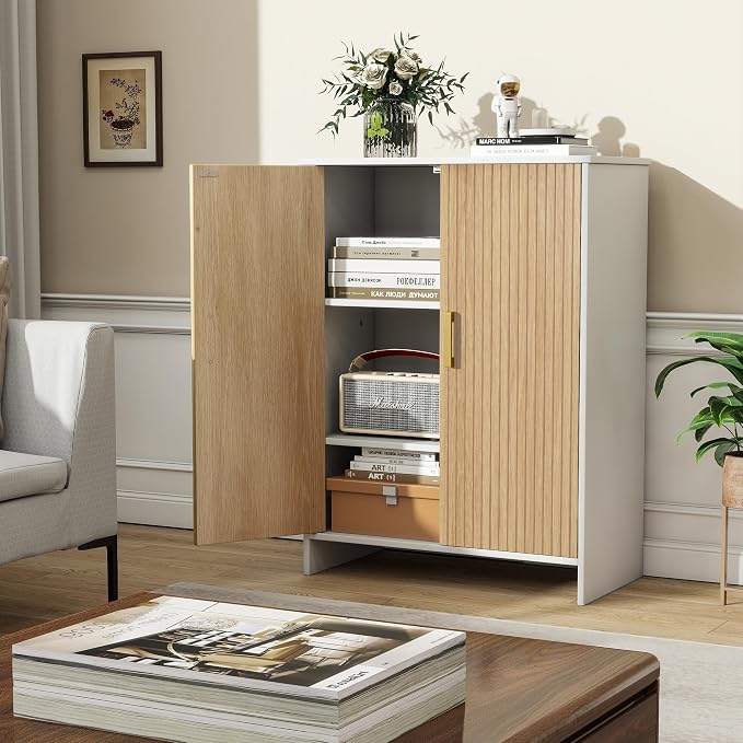 Bathroom Storage Cabinet, Floor Cabinet with 2 Fluted Doors and 2 Adjustable Shelves Wooden Freestanding Organizers and Storage, White