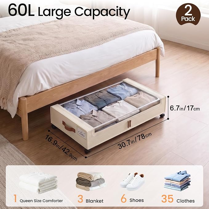 Yecaye Under Bed Storage with Wheels, 2 Pack Under Bed Storage Containers, 60L Underbed Shoe Storage with Clear Window & Label, Rolling Under Bed Metal Drawer for Clothes, Shoes, Books, Blankets
