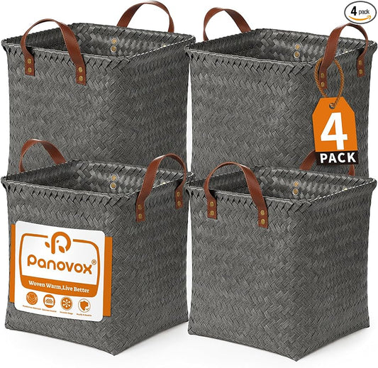 Wicker Storage Baskets, 4 Pack Woven Baskets for Shelves, Grey | PP Rattan, Water-resistant Wicker Basket, Large Baskets with Faux Leather Handles for Blanket, Laundry Organizer, Room Decor