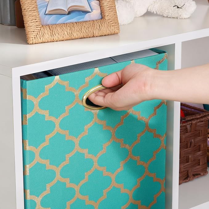 Posprica 13x13x13 Storage Cube Bins, Collapsible Storage Bins Fabric Storage Cubes Organizer Baskets Box Drawers for Shelves, Closet, Wardrobe, Bookshelf, Cabinet, Sky Blue/Gold Lantern, 4 Pack