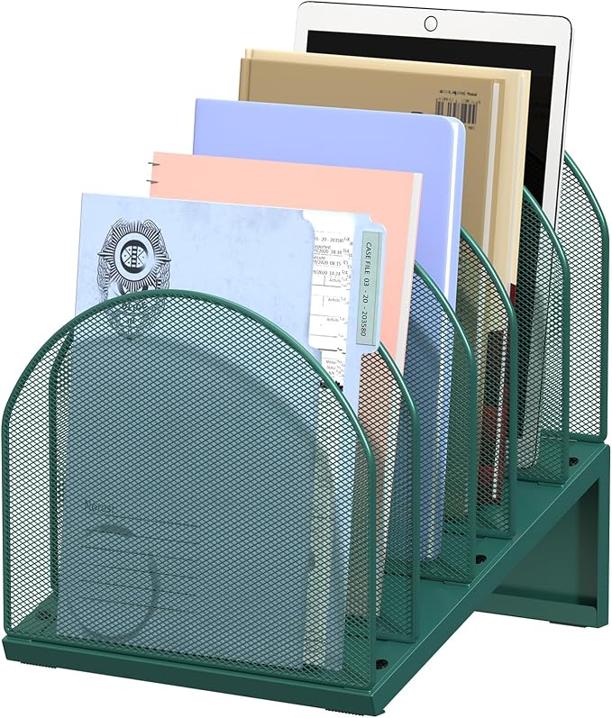 5-Section Desk File Organizer | Metal Mesh Folder Organizer for Documents, Mail & Office Papers (Green)
