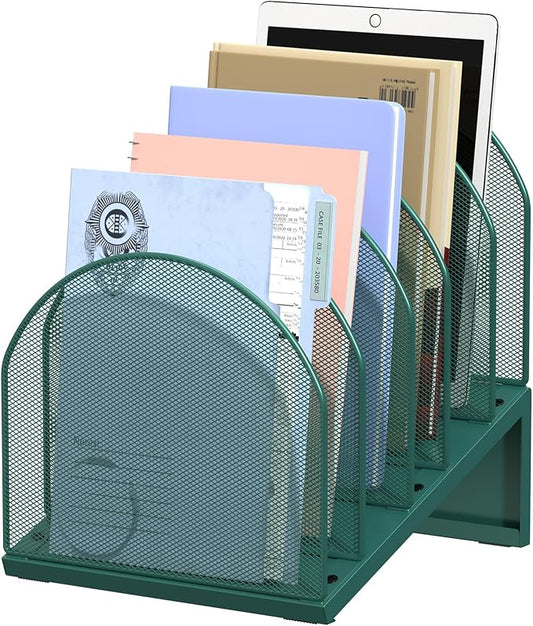 5-Section Desk File Organizer | Metal Mesh Folder Organizer for Documents, Mail & Office Papers (Green)