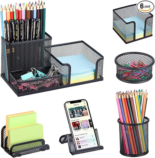 Desk Organizers set with Mesh Pen Holder Cup, 3 Compartments Black Office Supply Organizer Paper Clips Holder for Office Desk Accessories (6 Piece set, Black)
