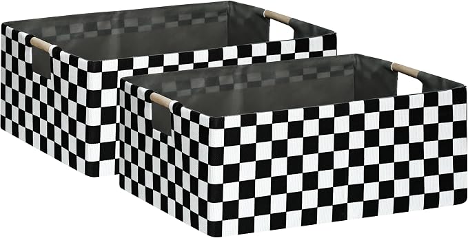 Checkered Storage Basket Foldable Nursey Box | 16.9" Storage Cube for Women Closet Organizer Boys Car Toys Bins with Handles | Sturdy Cardboard & Washable Fabric 2Pack