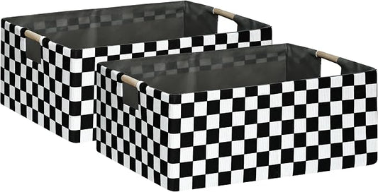 Checkered Storage Basket Foldable Nursey Box | 16.9" Storage Cube for Women Closet Organizer Boys Car Toys Bins with Handles | Sturdy Cardboard & Washable Fabric 2Pack