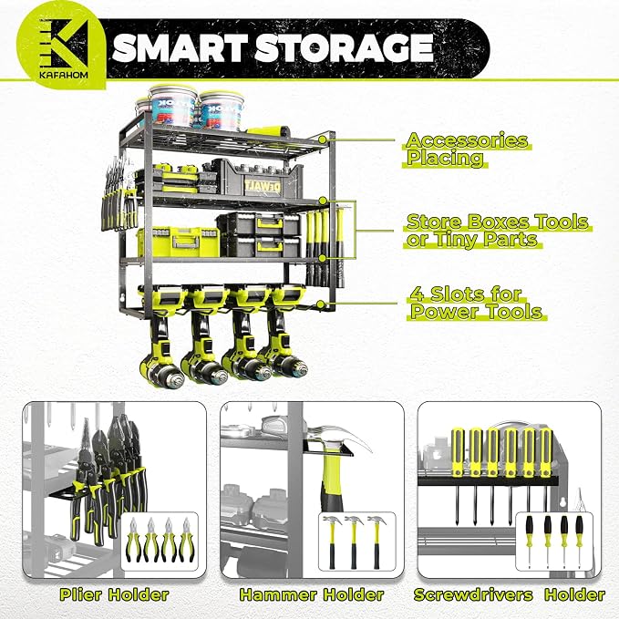 Power Tool Organizer, Garage Tool Organizers and Storage,Drill Holder Wall Mount, Storage Rack for Cordless Drill, Heavy Duty Tool shelf with Screwdriver Holder/Pliers Holder/Hammer Holder