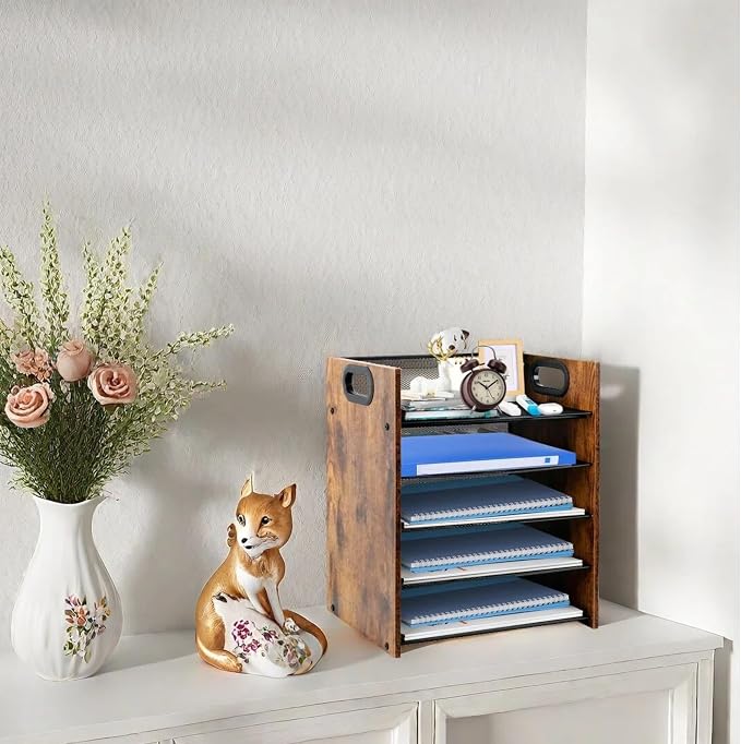 Desk Organizer - 5-Tier Desktop File Organizer, Wooden Paper Tray Organizer, Office Desk Organzier and Accessories for Papers, Mail, Notebooks, Stationery
