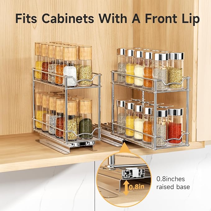 MUDEELA 2 Pack Pull Out Spice Rack for Inside Cabinet, 2 Tier Chrome Spice Organization for Cabinet, Vertical Sliding Out Spice Rack Organizer for Seasoning, 10.4''D×4.8''W×9.3''H