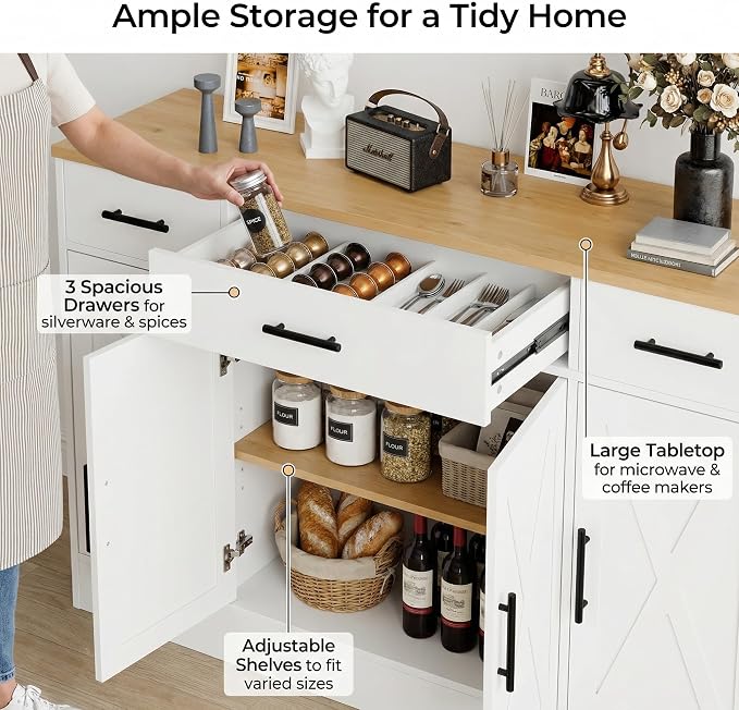 Buffet Sideboard Cabinet with 4 Doors, Farmhouse Kitchen Storage Cabinet with Adjustable Shelves, Freestanding Coffee Bar Cabinet for Dining Room, Living Room & Kitchen, Classic White