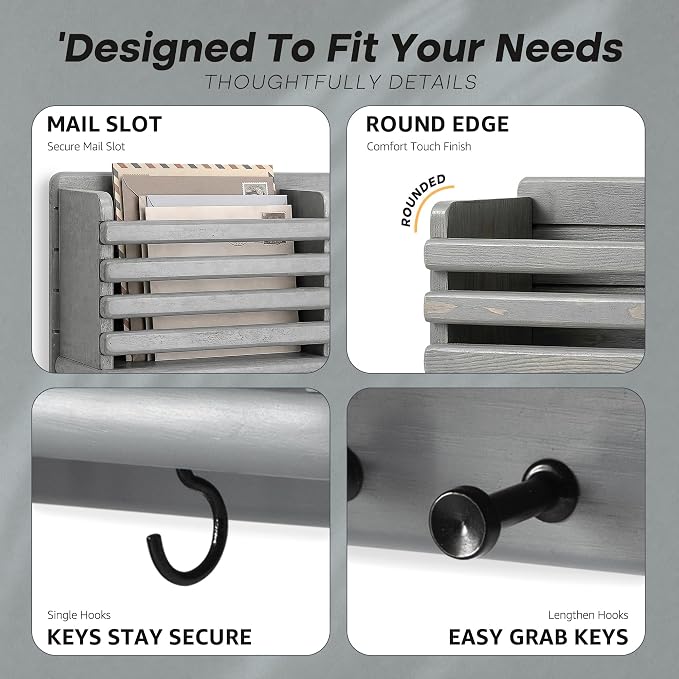 Rebee Vision Key Holder Wall Mount with Mail Slot for Room Decor, Gray | Pine Wood, Key Holder for Wall, 8 Key Hooks, Mail Organizer, Round Corner, Home Improvement, key Hanger Apartment Aesthetic