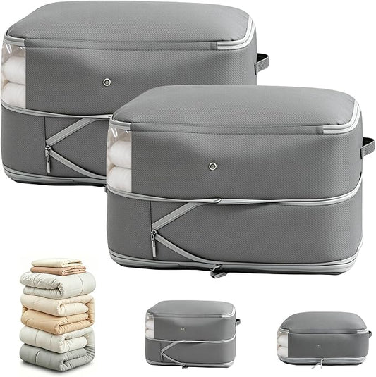 Comforter Storage Bag, Large Capacity Blanket Storage Bags 2-Layer Ultra Space Saving Self Compression Organizer, Heavy Duty Space Saver Organizer for Bedding, Clothes, Blanket, 2-Pack, Gray