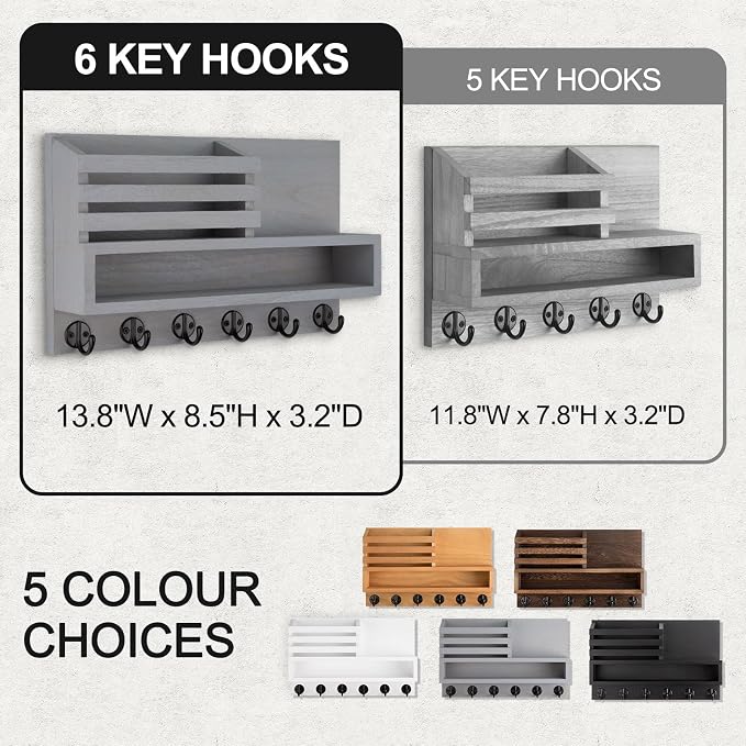 Key and Mail Holder Wall Mount, Key Hanger with Long Storage Box and Key Hooks for Coat, Dog Leash, Home Decor Rack, House Accessories, Entry Way Organizer