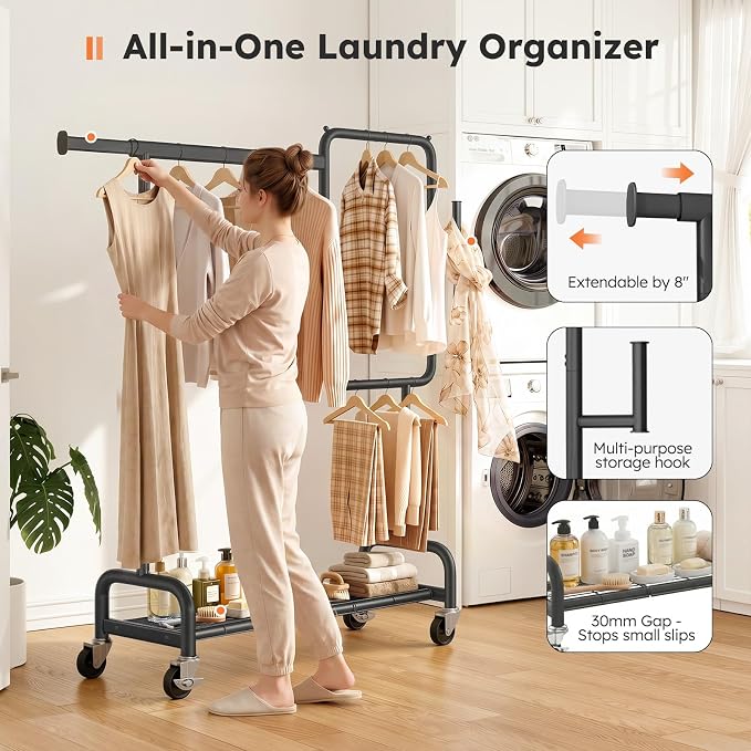 SOLEDI Heavy Duty Partitioned Clothes Rack, 600 LBS Load Metal Garment Rack with Shelves & Lockable Wheels, Rolling Hanging Rack for Bedroom, Laundry Room, Store & Garage (Black)