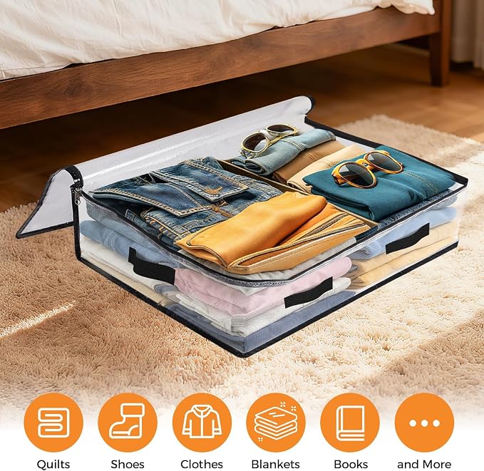 4 Pack Under Bed Storage Bags, 60L Foldable Clear Containers with Handles | Dual Zipper Storage Bins for Comforters, Bedding, Blankets, Closet Organizer for Clothes, Linen Sheets, Sweaters