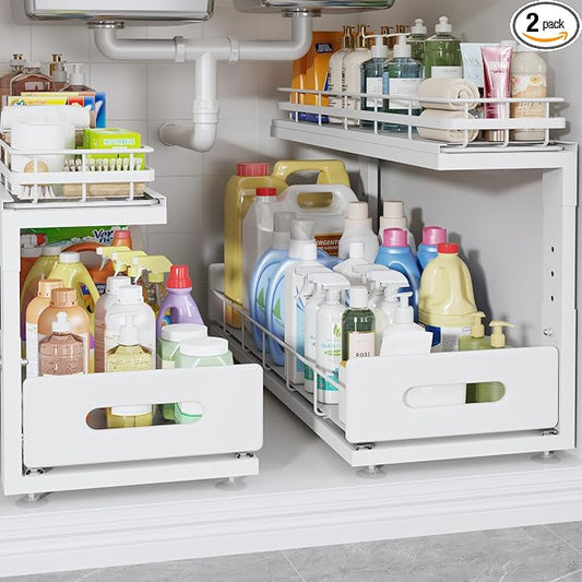 Under Sink Organizer Upgrade To Professional Rails,2-Tier Dual Pull Out Cabinet Storage,Height Adjustable Slide Out Drawers For Bathroom Kitchen,2 Pack-21"Dx12.8"-16.9"H,White