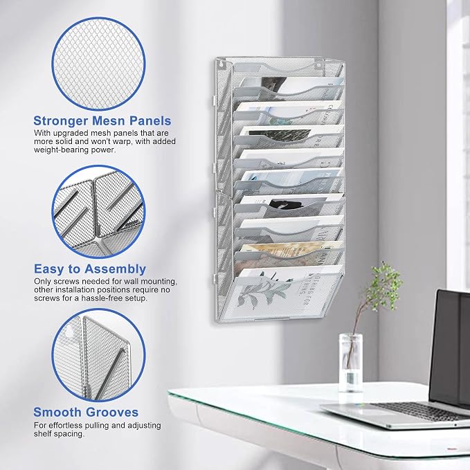 EasyPAG Wall File Organizer for Office 10 Pocket Mesh Wall Mounted Paper Organizer Hanging Folder Holder with Nametag Label for Home School, Silver