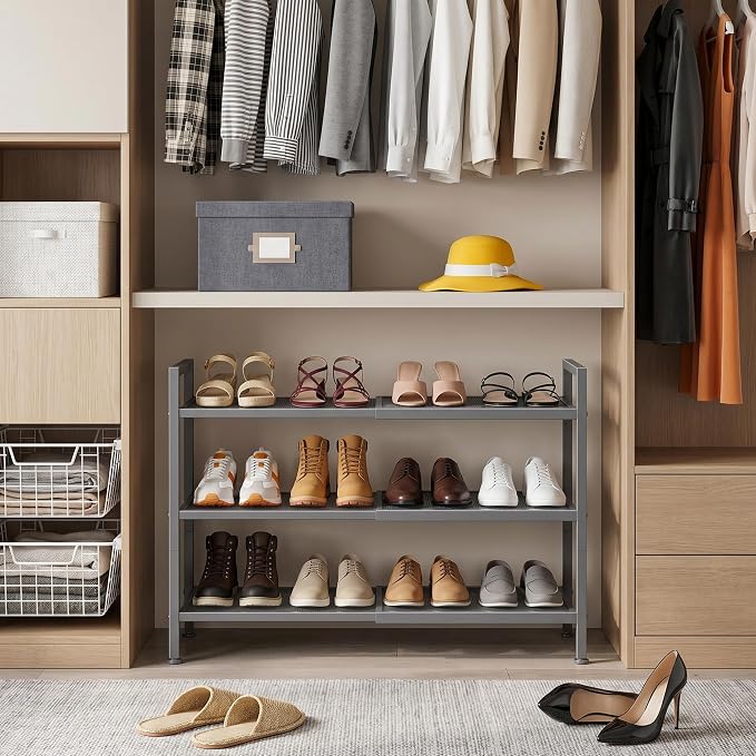 Shoe Rack, Expandable Shoe Rack for Closet, Adjustable Shoe Organizer for Entryway, Shoe Storage Organizer for Door Entrance, Garage, Bedroom (Grey, 3-Tier)