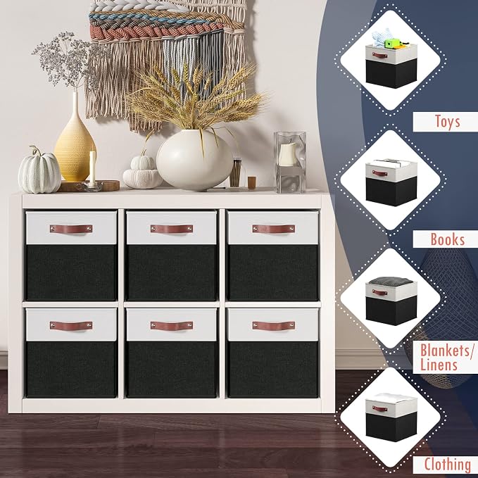 Ornavo Home 13x15x13 Foldable Fabric Storage Cube Bins, 6 Pack, White/Black | Collapsible Linen Shelf Basket Organizer; Leather Handles; Fits Cube Storage Shelving Units