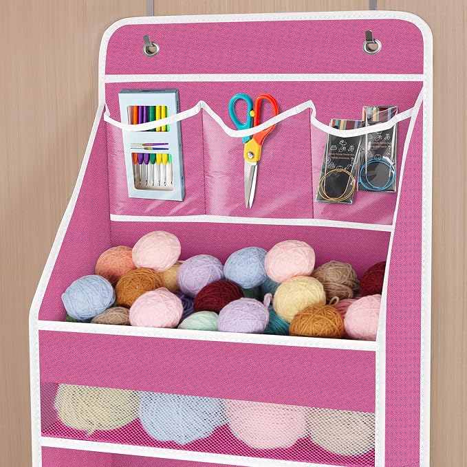 Univivi Fabric Over Door Hanging Organizer for Baby Nursery, Pink, 5-Shelf | Door Storage with Large Capacity Breathable Mesh Pockets, Over Door Storage Organizer for Baby Essential, Bedroom, and Dorm