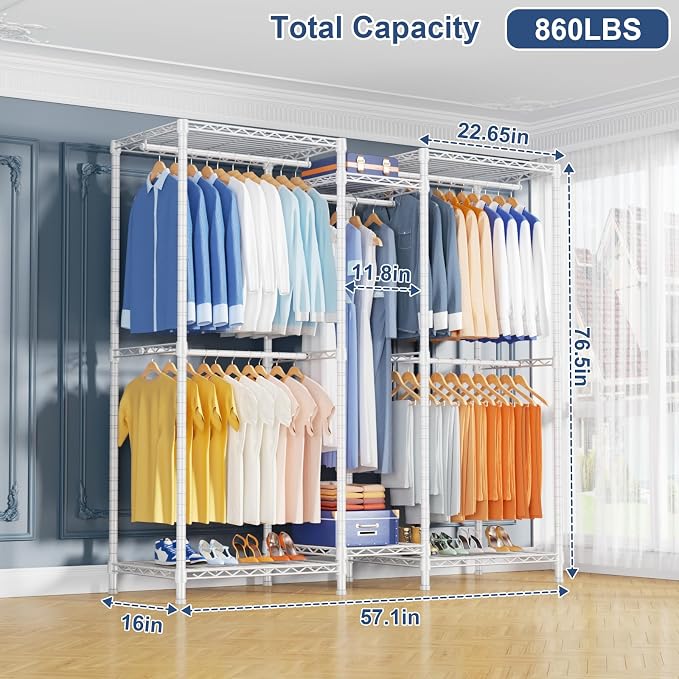 E12 Clothes Rack，Heavy Duty Freestanding Garment Rack with Shelves，Metal Clothing Closet Storage System for Hanging Clothes，57.1" W x 16" D x 76.5" H, Hold 860 lbs，White