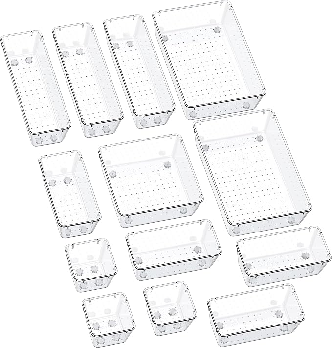 SMARTAKE 13-Piece Drawer Organizers with Non-Slip Silicone Pads, 5-Size | Clear Desk Bathroom Drawer Organizer Trays Storage Tray for Makeup, Jewelry, Utensils in Bedroom Dresser, Office and Kitchen
