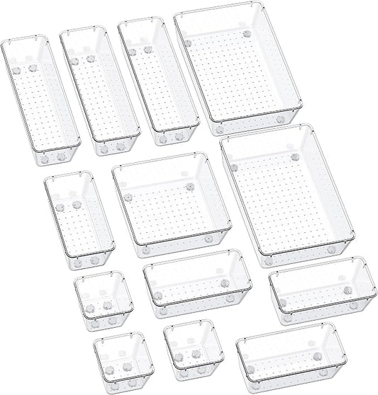 SMARTAKE 13-Piece Drawer Organizers with Non-Slip Silicone Pads, 5-Size | Clear Desk Bathroom Drawer Organizer Trays Storage Tray for Makeup, Jewelry, Utensils in Bedroom Dresser, Office and Kitchen