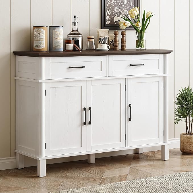 55 Inch Buffet Cabinet with Storage, Farmhouse Sideboard Buffet w/2 Drawers and 3 Doors, Wood Coffee Bar Cabinet with Adjustable Shelves, Sideboard Storage for Kitchen, Living Room, Off White