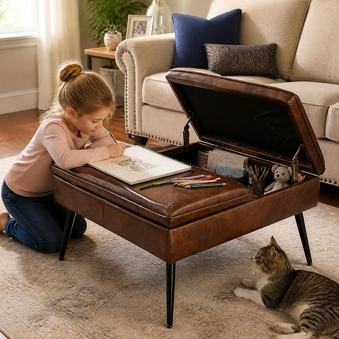 Square Ottoman with Storage Coffee Table Large Upholstered Brown | Mid-Century Modern Ottoman w/ Double Flip-Lid Metal Legs Padded Seat for Living Room Bedroom, Faux Leather, Loads 660 lbs