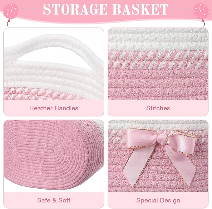 Colingmill 1 Set Woven Empty Basket for Gift,Pink White | with Cellophane Wrap Set, 14 x 10 x 5.5 Inch, Medium Decorative Gift Basket, Cotton Rope Storage Box, Home Decor