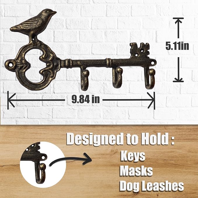 IRISVITA Key Hook for Home Decorative, Vintage Bronze Cast Iron Key Holder with 3 Hooks - Antique Bird Wall Art for Organizing Keys