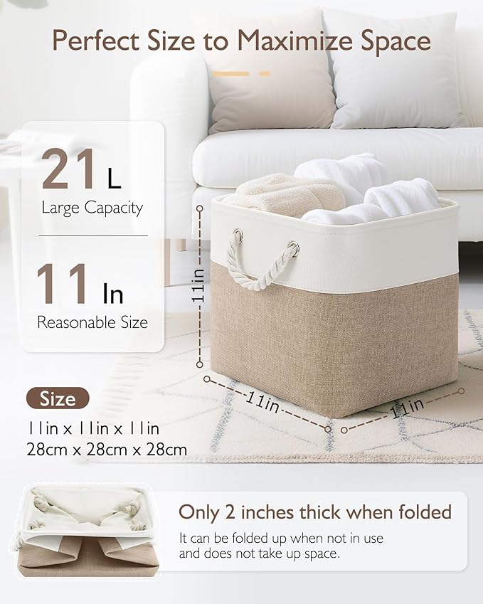 Patvingot 11-Inch Fabric Cube Storage Bins with Handles,6 Pack,Foldable | For cube shelves and closets,keeps grouped for everyday access,reinforced opening and fold-flat storage,white and khaki