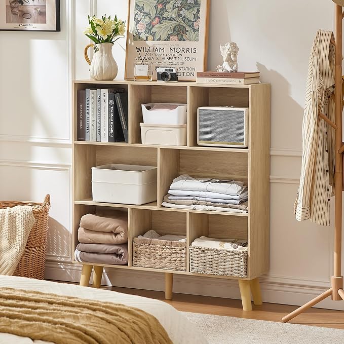 LEYAOYAO 8 Cube Bookshelf,Mid-Century Modern Bookcase with Legs,Light Wood | 3 Tier Book Shelf,Rustic Wood Bookshelves Freestanding Large Storage Organizer, Open Shelves for Bedroom, Living Room, Office