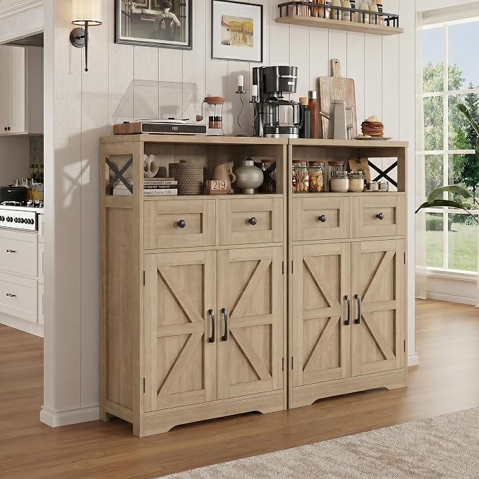 Farmhouse Storage Cabinet Set of 2, Small Kitchen Pantry Coffee Bar Cabinet | Accent Buffet Cabinet Cupboard, 2 Drawers, Barn Doors & Adjustable Shelves, for Kitchen/Entryway/Bathroom, Natural Wood