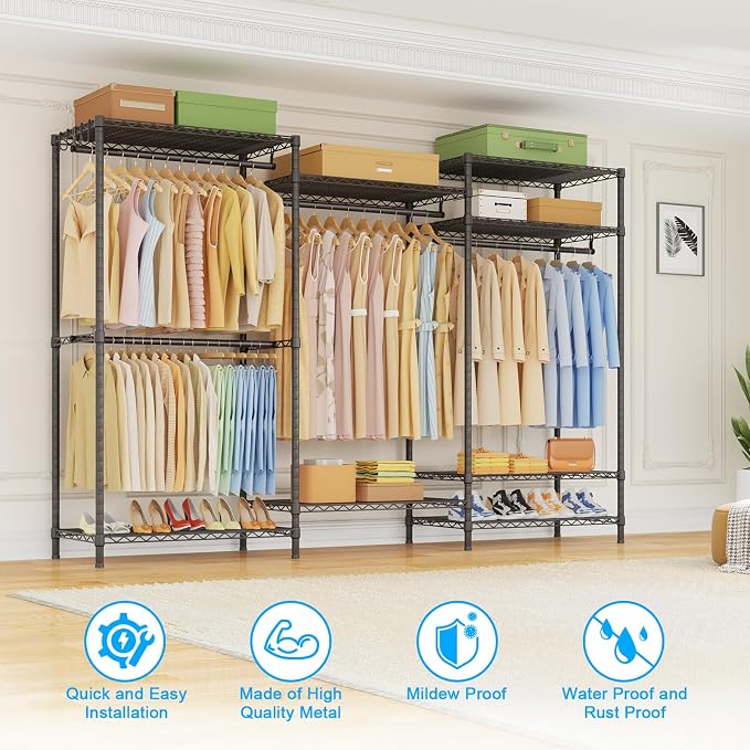 E13 Pro Heavy Duty Clothes Rack（With 4 Hanger Rods & 8 Shelves） Freestanding Clothing Racks for Hanging Clothes，Adjustable Closet，Metal Garment Rack 75" W x16 D x77 H，Max Load 1000LBS，Black