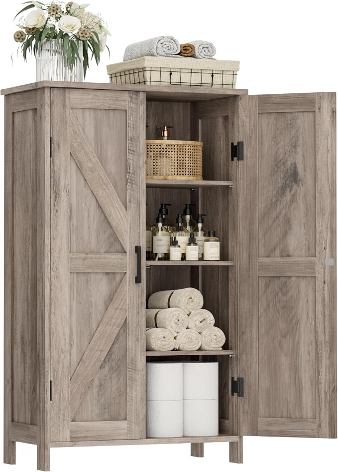 Homleke 43.3" H Farmhouse Bathroom Storage Cabinet with Adjustable Shelves | Freestanding Storage Cabinet with Barn Doors for Bathroom, Kitchen, Living Room, Dining Room & Entryway, Greige
