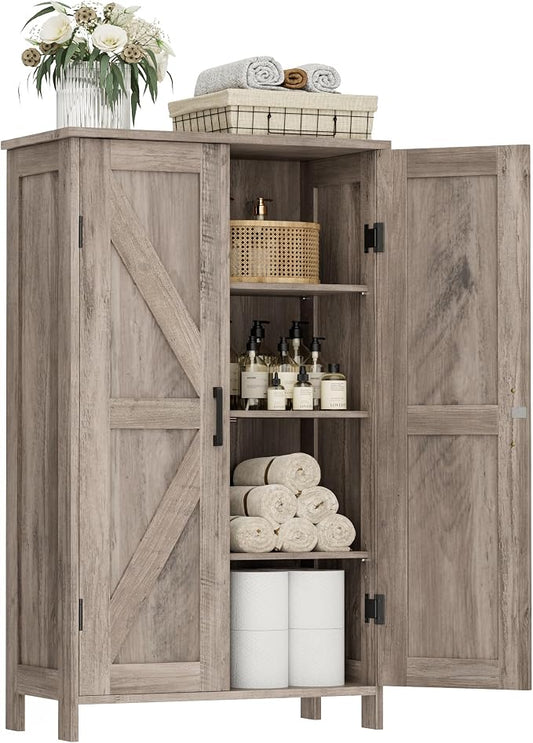 Homleke 43.3" H Farmhouse Bathroom Storage Cabinet with Adjustable Shelves | Freestanding Storage Cabinet with Barn Doors for Bathroom, Kitchen, Living Room, Dining Room & Entryway, Greige
