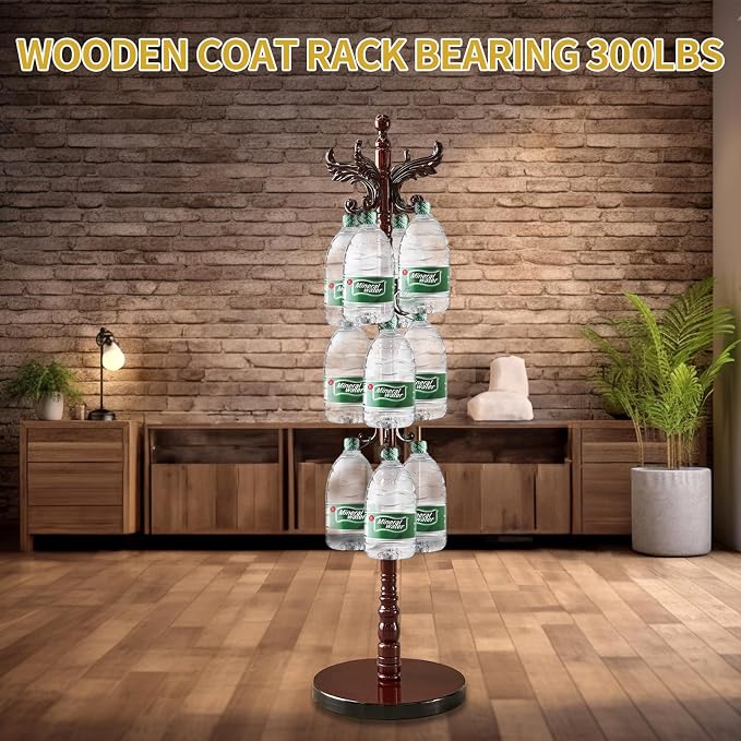 Snaikor Wooden Coat Rack Stand, Vintage Natural Birch Wood Coat Racks Freestanding, Solid Wood Coat Tree Stand with 14 Hooks, Classic Sturdy Coat Racks Hall Tree for Entryway, Office (Round chassis)