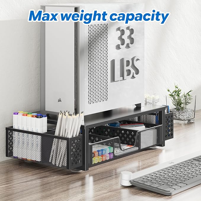 Simple Trending Desk Organizer, Computer Monitor Stand Riser, Black | Metal Laptop & Printer Stand, Desktop Organizer with Drawer & 2 Pen Holders, Anti-Slip Pads, 18.5"W x 9.5"D x 4.75"H