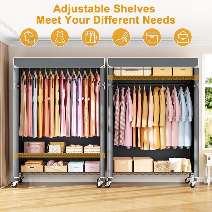 P6C Plus Rolling Clothes Rack with Cover, Covered Clothing Rack | Portable Closets for Hanging Clothes, Heavy Duty Garment Rack on Wheels, Black Closet Rack with Gray Cover, Max Load 375LBS