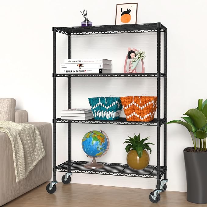 4 Tier Wire Metal Shelving Rack Garage Storage Rolling Shelves with Wheels | Heavy Duty Adjustable Industrial Shelving Steel Wire Organizer Rack for Kitchen Garage Pantry Office Bathroom