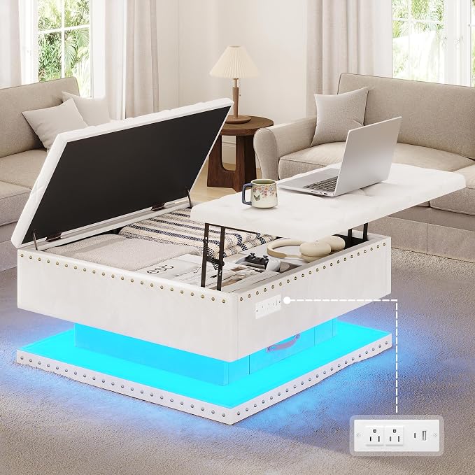 Large Square Ottoman with Storage, Square Storage Ottoman Coffee Table | Coffee Table Storage Ottoman Bench with Lift Top and Two Tier Drawers, LED Ottoman Bench with Charging Station,Beige