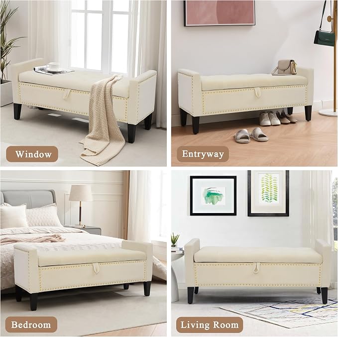 Velvet Ottoman with Storage, 46'' Upholstered Button Tufted End of Bed Bench with Arms, Modern Storage Bench for Living Room, Bedroom, Entryway, Beige