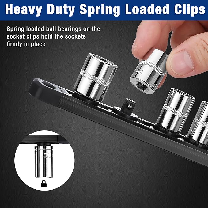 WORKPRO Magnetic Socket Organizer, Heavy Duty 1/4-Inch Drive Socket Rail | 1 Piece Socket Holder with 12 Spots, Aluminum Alloy, Rotatable & Movable Clips, Efficient Organization