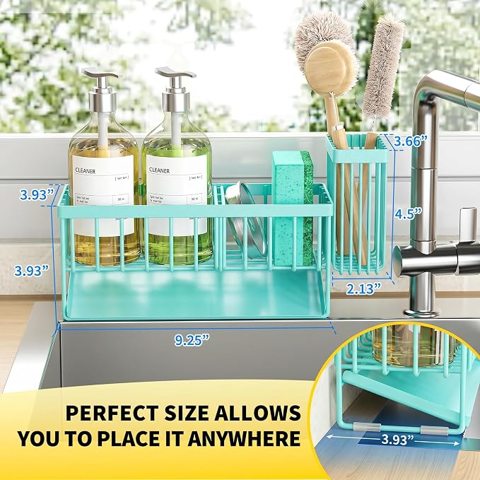 Cisily Kitchen Sink Caddy Organzier with High Brush Holder, Sponge Holder for Sink, 304 Rustproof Stainless, Kitchen Countertop Soap Dispenser Organizer (Turquoise, 9.25″)