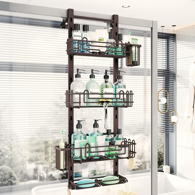 HapiRm 4 Tier Over the Door Shower Caddy, Hanging Shower Caddy with 22 Hooks and 2 Toothbrush Holders, No Drilling Adjustable Hanging Bathroom Organizer - Bronze