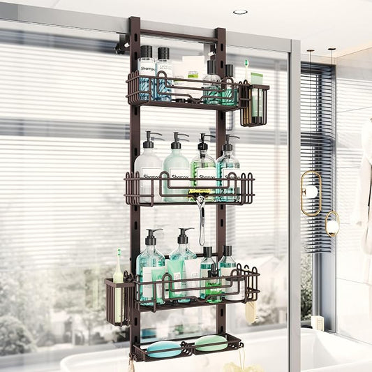 HapiRm 4 Tier Over the Door Shower Caddy, Hanging Shower Caddy with 22 Hooks and 2 Toothbrush Holders, No Drilling Adjustable Hanging Bathroom Organizer - Bronze